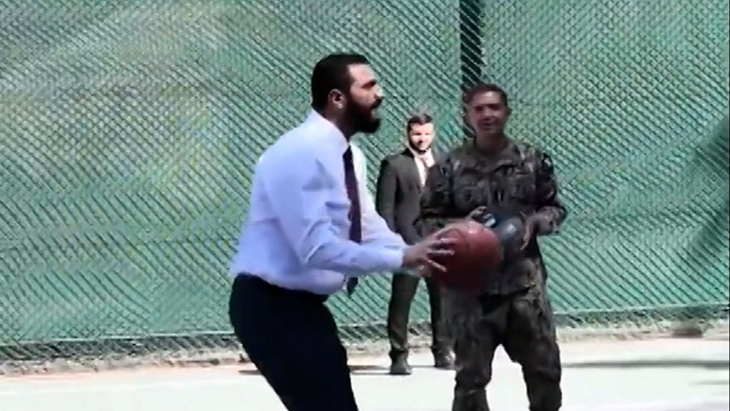 A video showing Syrian President Ahmed al Sharaa playing basketball with top US military commanders Brad Cooper and Kevin Lambert has surfaced on social media. A video showing Syrian President Ahmed al Sharaa playing basketball with top US military commanders Brad Cooper and Kevin Lambert has surfaced on social media.